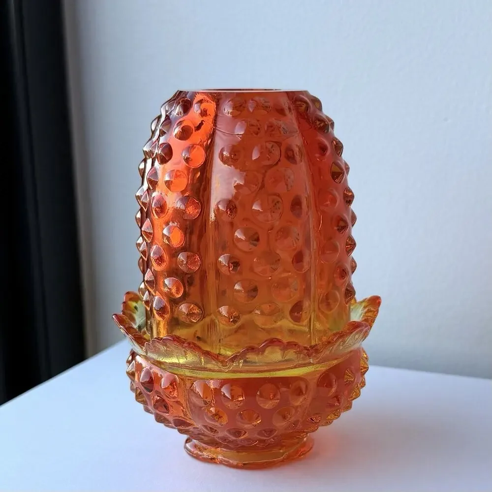 Fenton Hobnail Red Orange Amberina Glass Fairy Lamp Tea Light - Glows